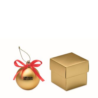 Boule de Noël à suspendre avec ruban, présentée dans une boîte cadeau
