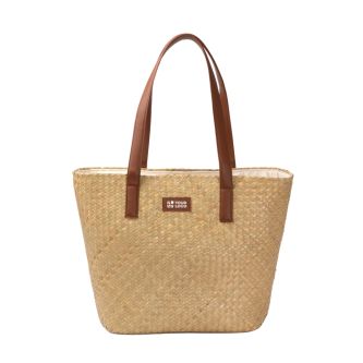 Sac en paille avec doublure en coton et longues anses en similicuir