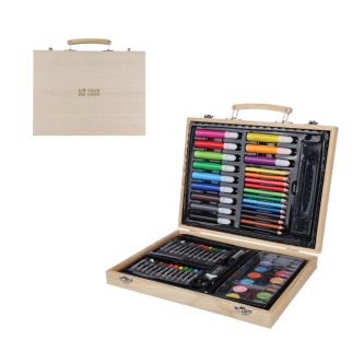 Coffret en bois avec poignée de transport et 66 pièces à colorier