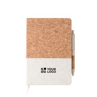 Carnet en liège et lin avec stylo à encre bleue et feuilles lignées
