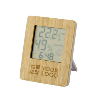 Station météo et horloge en bambou avec support pliable