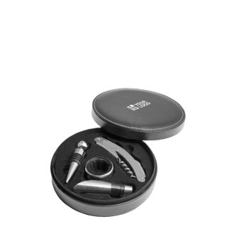 Set de vin dans étui rond avec 4 accessoires en acier inoxydable