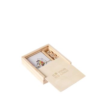 Set de cartes à jouer et dés dans une boîte coulissante en bois