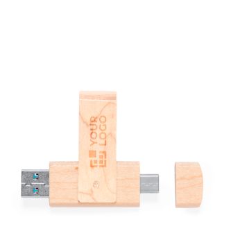 USB en bois clair avec clip pivotant et double connexion Type C