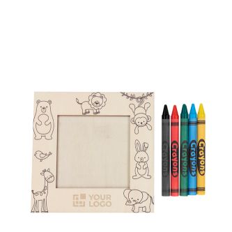 Cadre photo en bois avec dessins d’animaux à colorier et des crayons