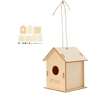 Nichoir en bois avec 6 peintures à base d’eau et un pinceau