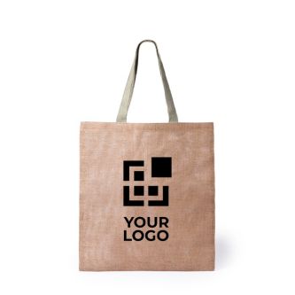 Sac en jute publicitaire avec anses vertes vue avec zone d'impression