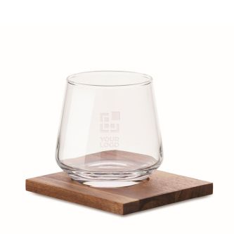 Verre court à whisky avec sous-verre en bois d'acacia