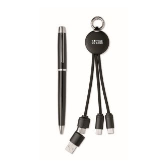 Coffret avec stylo en métal et porte-clés avec câble de charge 2 en 1