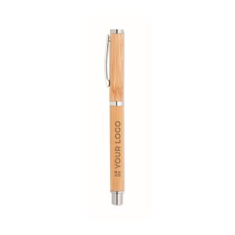 Stylo roller en bambou et acier inoxydable avec encre gel bleue