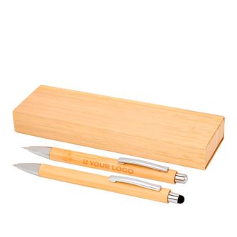 Stylo et porte-mine en bambou avec clip en métal, encre noire