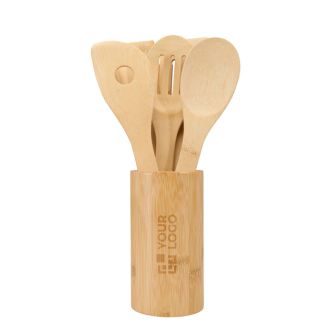Jeu de cinq spatules de cuisine avec support en bambou
