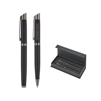 Set d’écriture stylo à bille et roller en aluminium mat, encre bleue