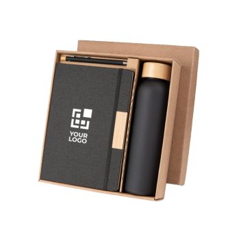 Kit de bureau avec gourde en verre, bloc A5 et stylo à encre bleue