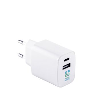 Adaptateur secteur en plastique recyclé avec deux ports USB