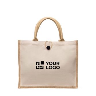 Sac en coton et jute avec bouton de fermeture et poignées 310 g/m² avec zone d'impression