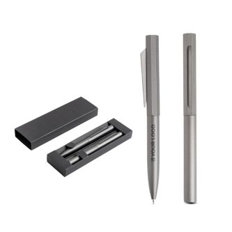 Set stylo et roller en aluminium design hexagonal encre noire