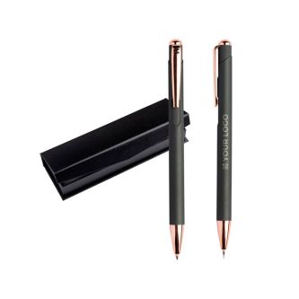 Ensemble stylo et porte-mine avec détails en métal, encre bleue avec zone d'impression