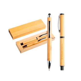 Stylos et rollers en bambou avec clip et étui, encre bleue avec zone d'impression