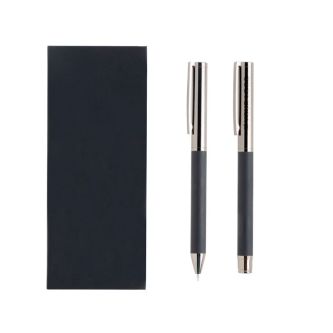 Ensemble roller et stylo métal et carbone, style moderne, encre bleue avec zone d'impression