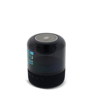 Enceinte bluetooth noire portable de forme circulaire avec zone d'impression