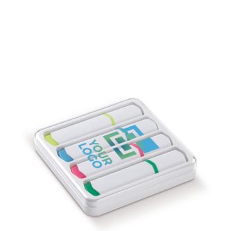 Kit de 4 marqueurs de différentes couleurs dans une boîte transparente avec zone d'impression