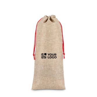 Sac à vin au design rustique en jute avec cordon de fermeture rouge