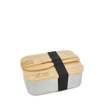 Boîte repas en inox avec couvercle en bambou, couverts et élastique