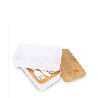 Double boîte à lunch plastique recyclé et bambou à fermeture élastique avec zone d'impression