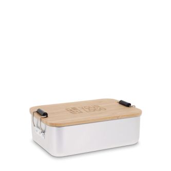 Boîte à lunch aluminium avec couvercle bambou et fermeture métallique avec zone d'impression