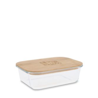 Boîte à lunch rectangulaire classique en verre avec couvercle bambou avec zone d'impression