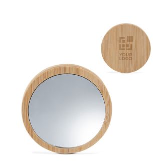Miroir compact rond idéal pour les voyages fait en liège avec zone d'impression