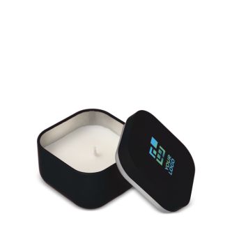 Bougie en cire végétale avec parfum vanille dans un pot en métal carré