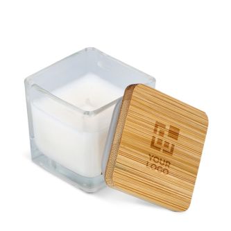 Bougie en cire végétale dans un pot en verre avec couvercle en bambou