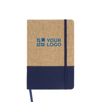 Carnet en jute et RPET avec détail coloré à la base et pages lignées avec zone d'impression