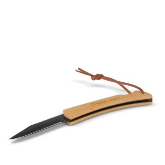 Couteau noir dans un outil pliable en bambou avec corde pour suspendre avec zone d'impression