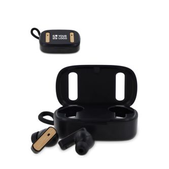 Écouteurs sans fil en étui avec détails aspect bambou avec zone d'impression