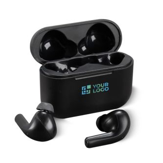 Classiques écouteurs True Wireless Stereo dans étui de charge noir avec zone d'impression