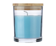 Bougie parfum vanille dans bocal en verre avec couvercle bambou couleur bleu ciel