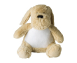 Chien en peluche avec yeux brodés, étiquette personnalisable couleur beige