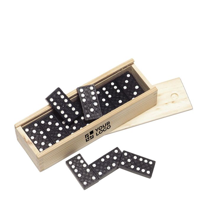 Jeu de dominos avec pièces en bois FSC dans un étui en bois