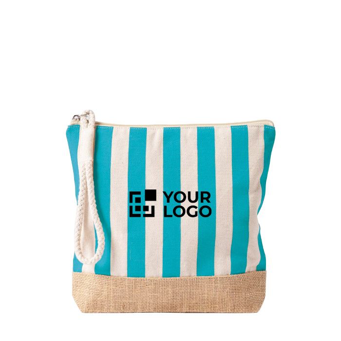 Trousse rayée en coton et jute avec cordon sur la tirette