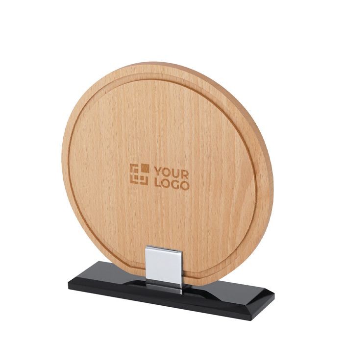 Plaque trophée ronde en bois avec base en verre noir