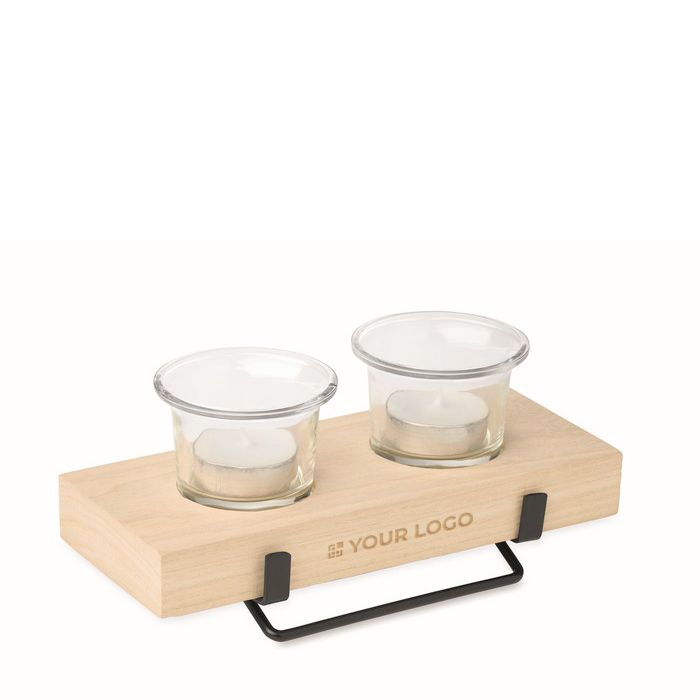 Bougeoir décoratif avec support en bois et en fer pour 2 bougies