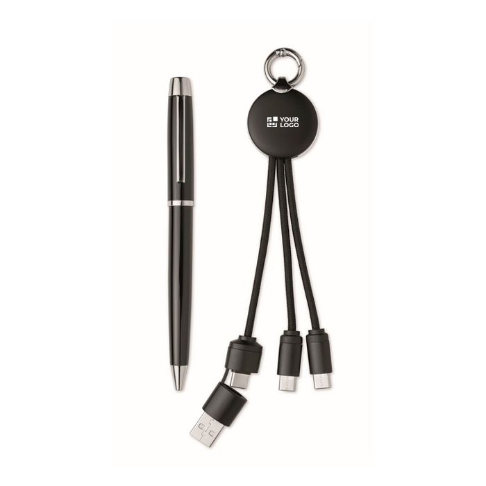 Coffret avec stylo en métal et porte-clés avec câble de charge 2 en 1