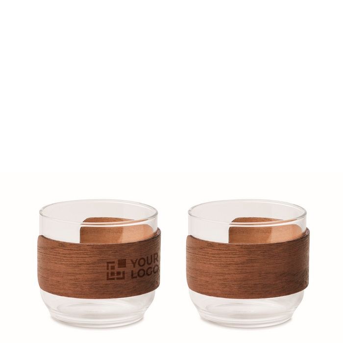 Set de 2 tasses à café en verre avec bande en bois de noyer 120 ml