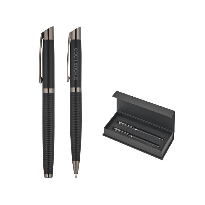 Set d’écriture stylo à bille et roller en aluminium mat, encre bleue