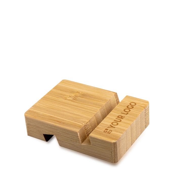 Support en bambou pour téléphones et tablettes de différentes tailles avec zone d'impression