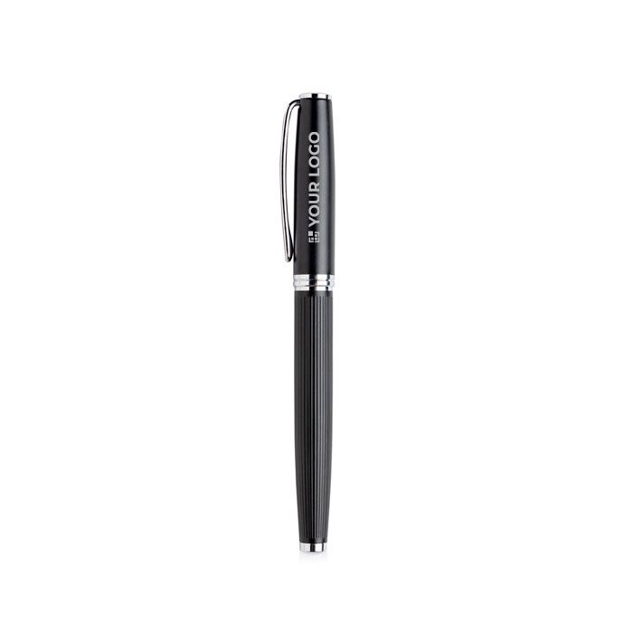 Stylo roller en métal élégant avec corps texturé et encre noire avec zone d'impression