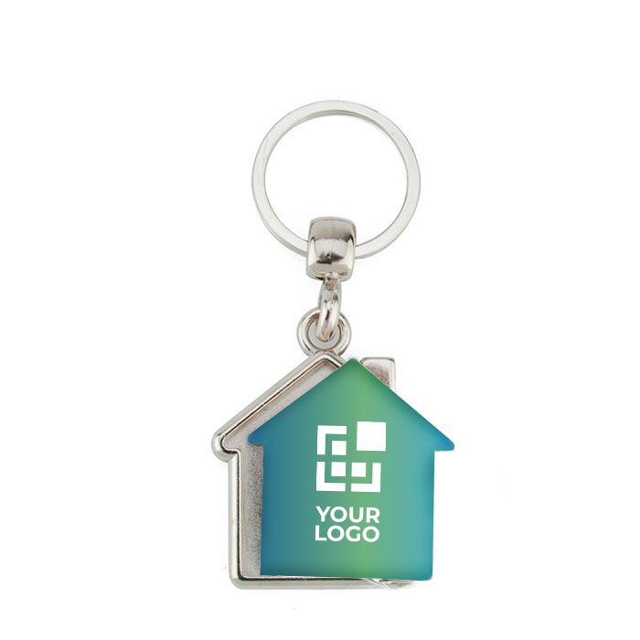 Porte-clés métal en forme de maison avec papier inséré à l'intérieur avec zone d'impression